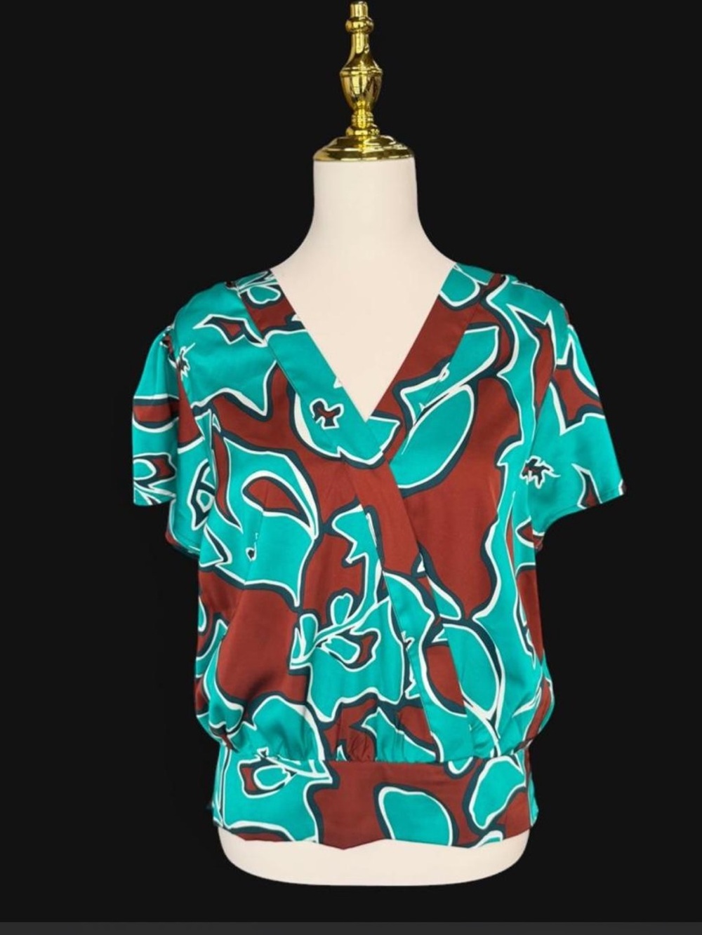 Nine West Abstract Print Surplice Wrap Blouse Teal Brown Smocked Waist Top Large